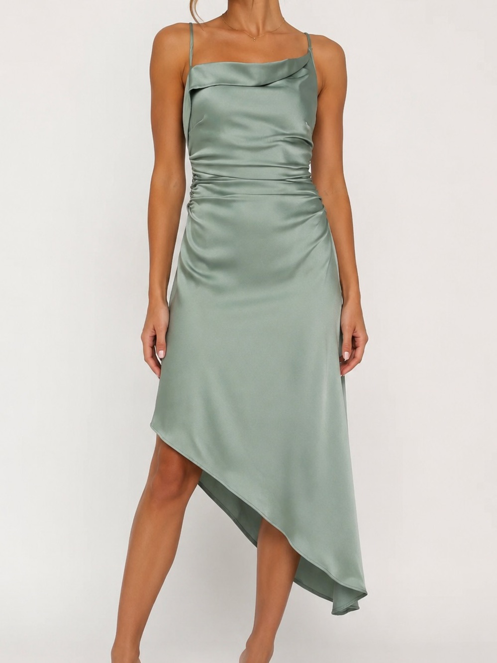 ASTR The Label Mirie Sage Green Satin Cowl Neck Asymmetrical Midi Dress S